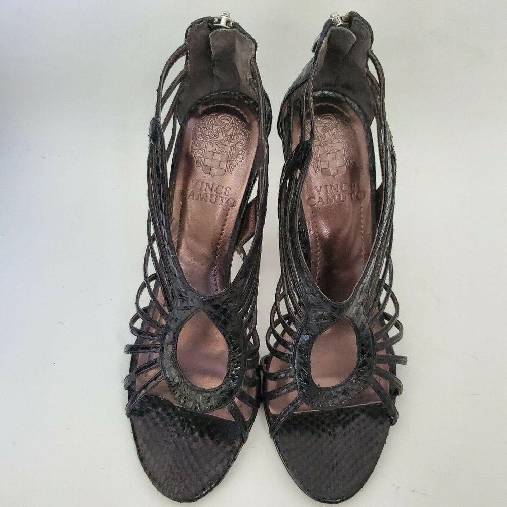 Vince Camuto Solana Women Cage Heels 8 Black Leather Strappy Stiletto Sexy Snake - Picture 7 of 12